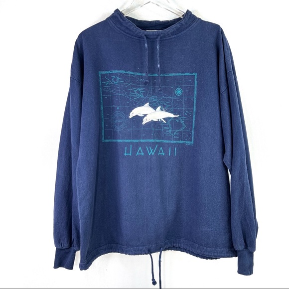 Vintage Tops - Vintage Hawaii Dolphin Embroidered Pullover Sweatshirt Drawstring Neckline Blue